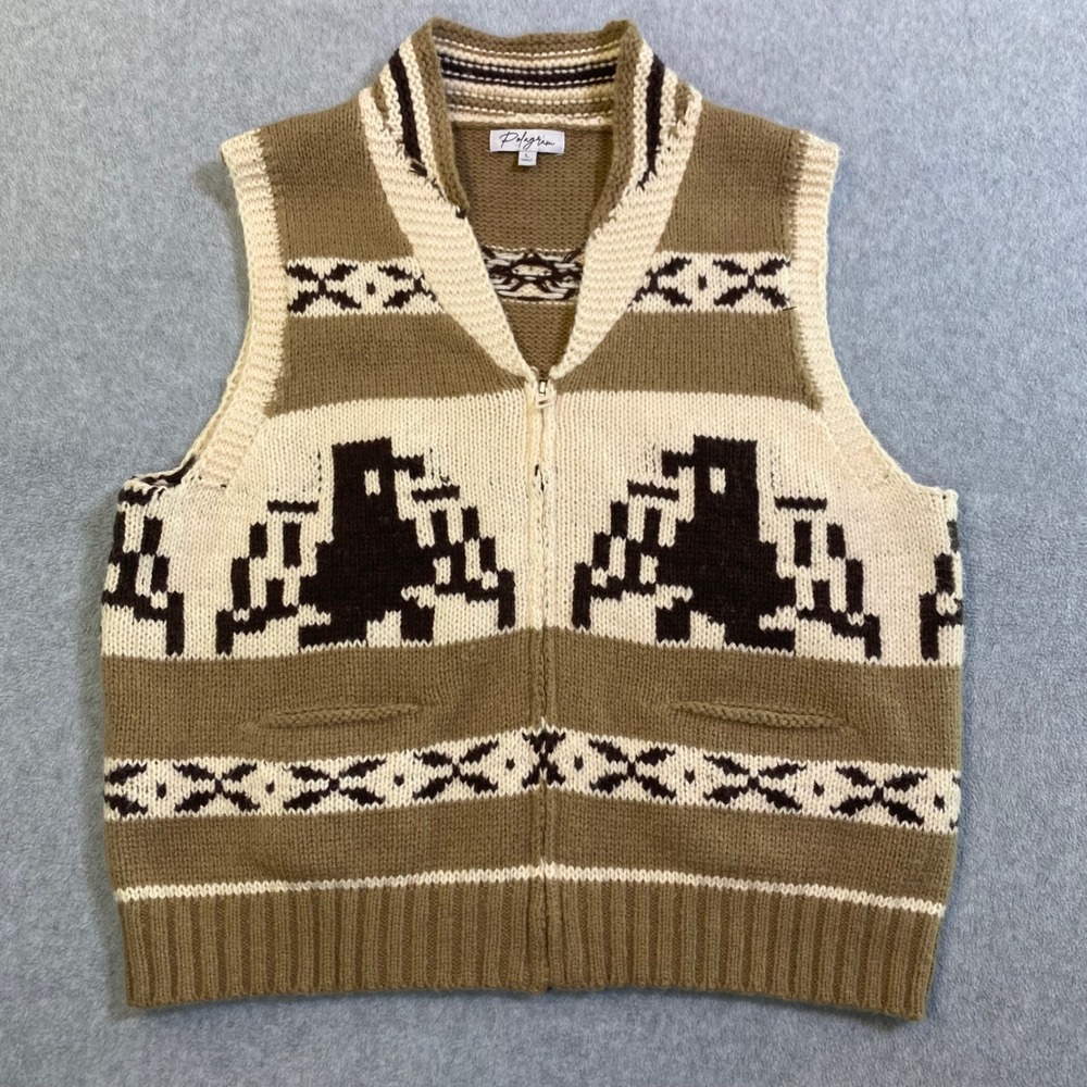 Polagram Sweater Vest Men's Large Brown Thunderbird Southwestern Zip Knit EUC